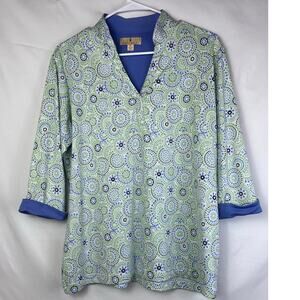 Sport Haley Women's Size XL Blue/Green Floral Geo Print 3/4 Sleeve Golf Shirt